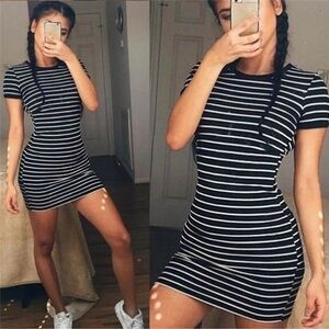 Black & White Striped Bodycon Mini Dress Short Sleeve NWT